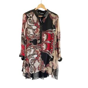 Pretty Angel Paisley Feather Print Boho Artsy Layered Tunic Blouse size S